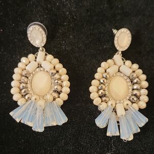 Elegant Cream and Blue Iridescent Glass Bead Chandelier Earrings